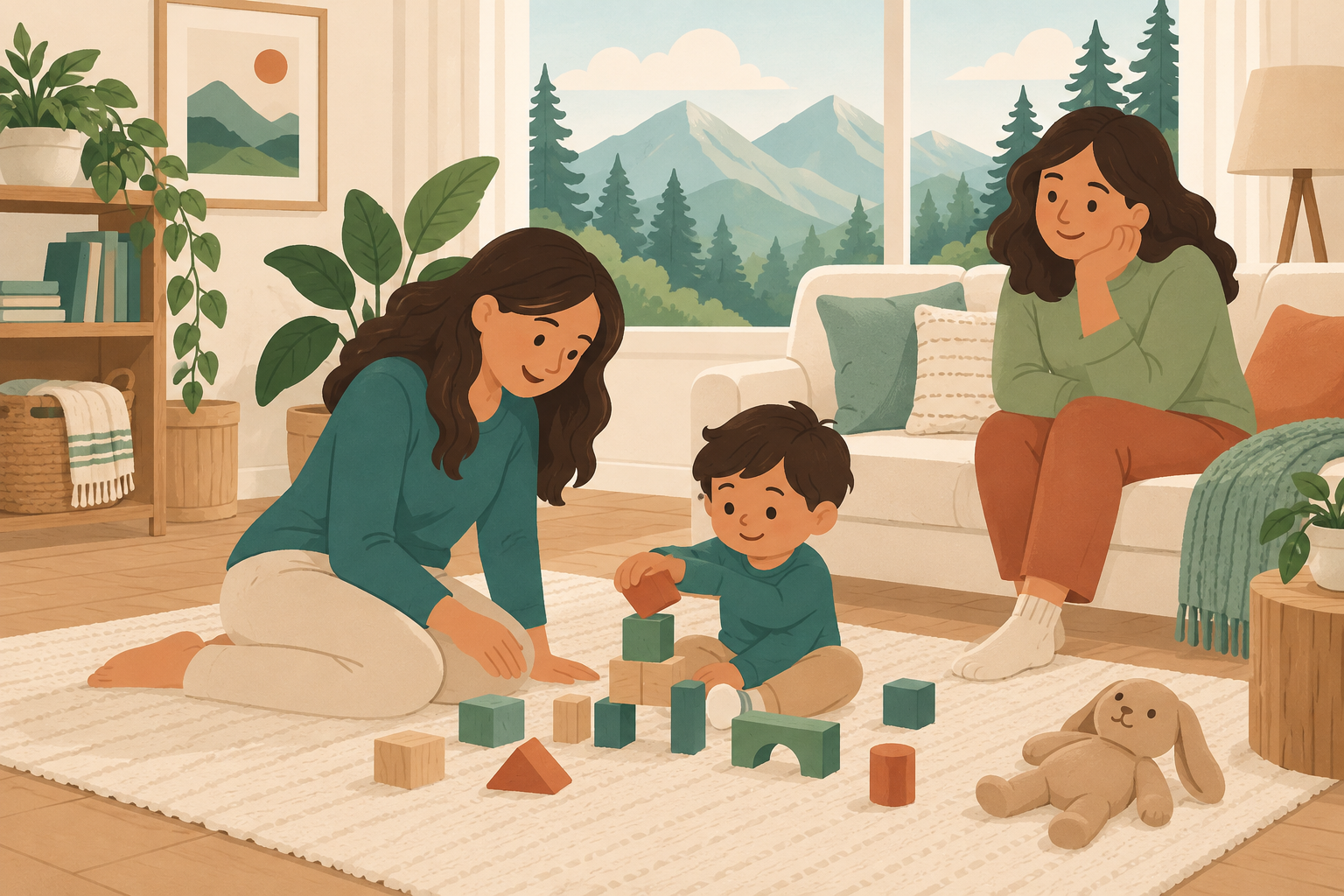 Illustrative home scene with a child, caring adult and parent